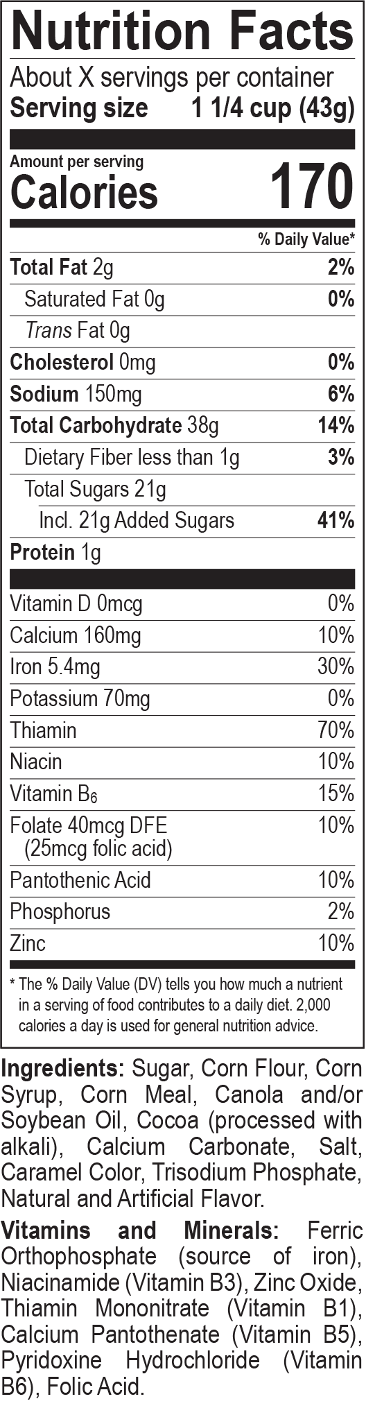 Cocoa Roos nutrition fact panel