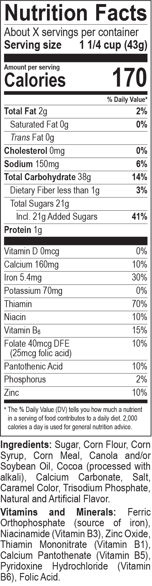 Cocoa Roos nutrition fact panel