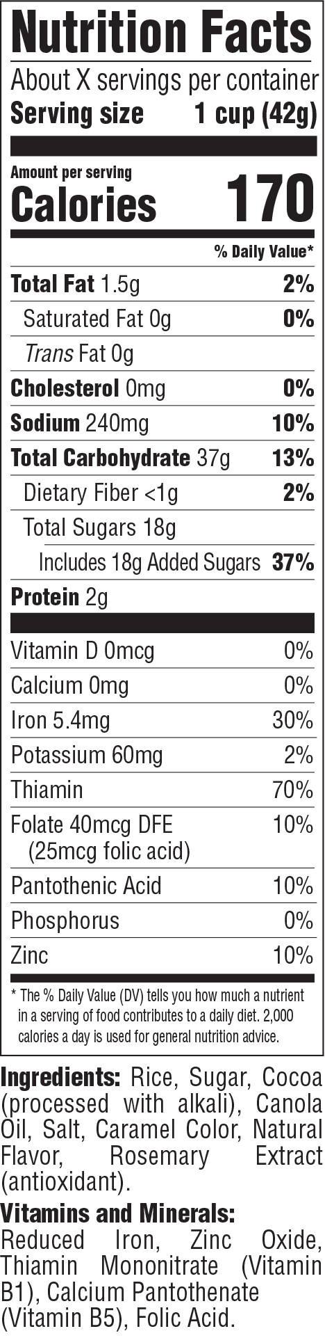 Cocoa Dyno Bites nutrition facts panel
