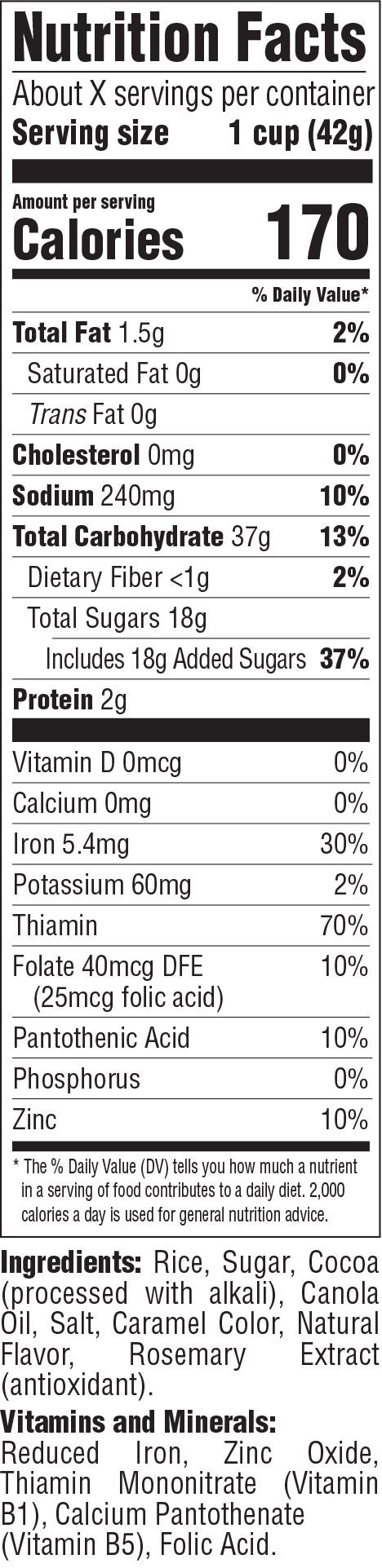 Cocoa Dyno Bites nutrition facts panel