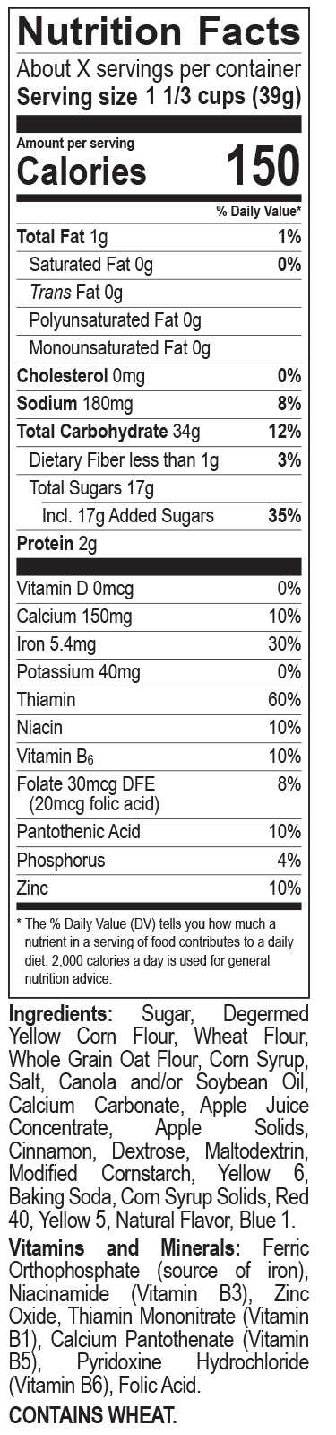 Apple Zings cereal nutrition facts panel