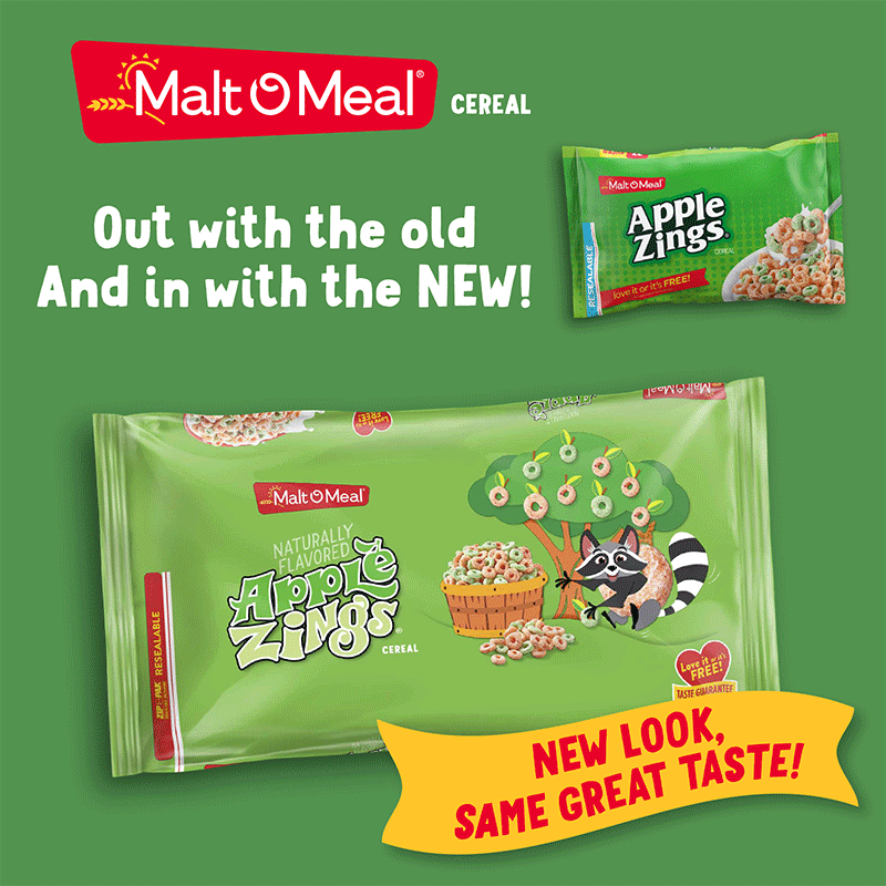Old and New Malt-O-Meal Apple Zings Cereal Bag