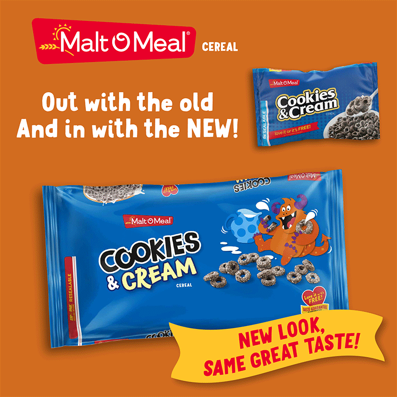 Old and New Malt-O-Meal Cookies and Cream Cereal Bags