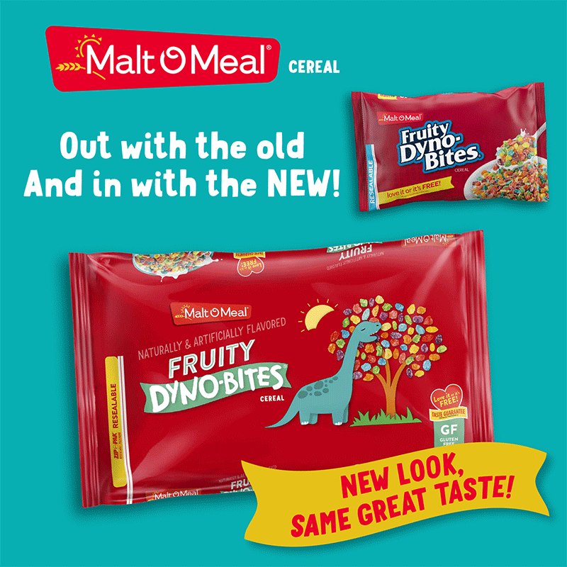 Old and New Malt-O-Meal Fruity Dyno Bites Cereal Bags
