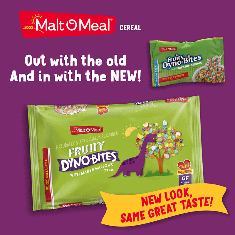 Old and New Malt-O-Meal Fruity Dyno Bites Cereal Bags