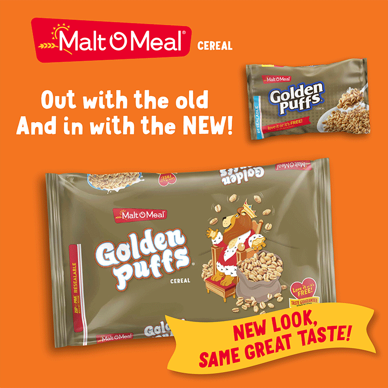 Old and New Malt-O-Meal Golden Puffs Cereal Bags