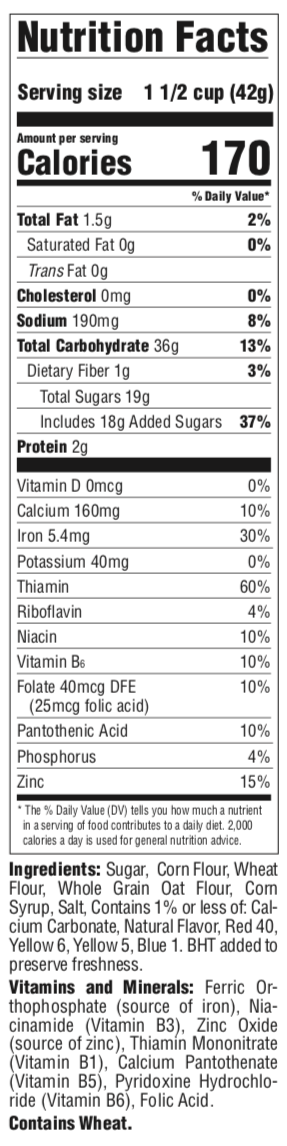 Tootie Fruities Nutrition Panel