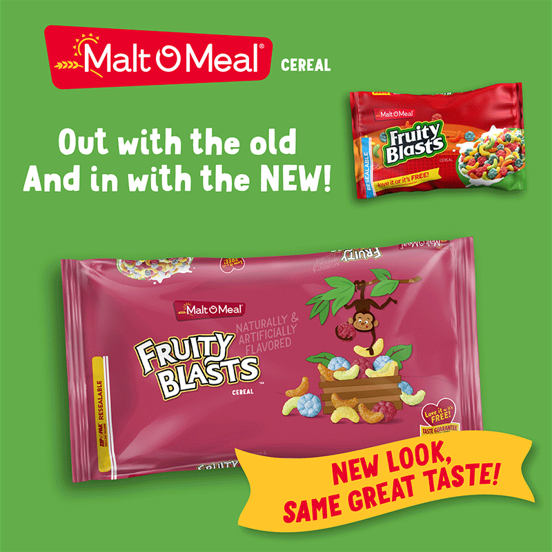 Old and New Malt-O-Meal Fruity Blasts Cereal Bags