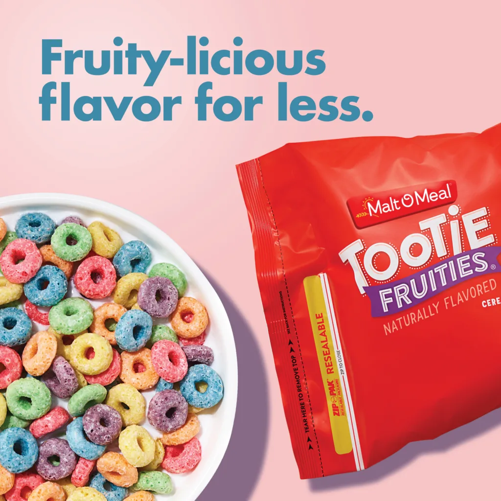 Tootie Fruities Cereal in a bag and bowl