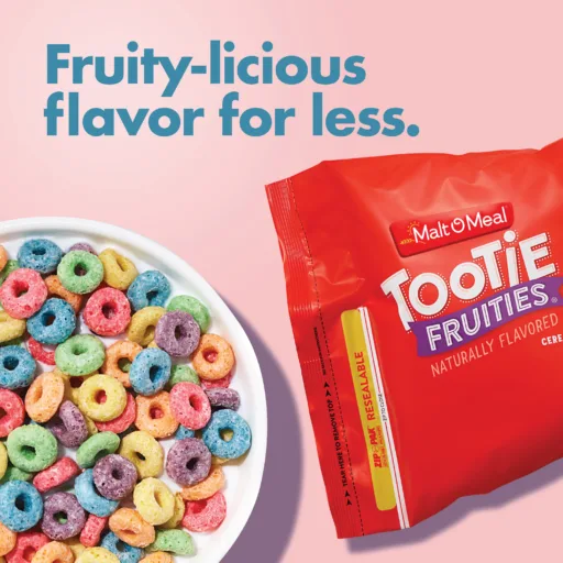 Tootie Fruities Cereal in a bag and bowl