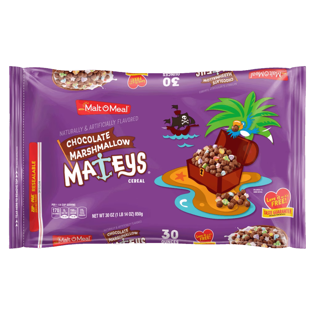 Chocolate Marshmallow Mateys cereal packaging