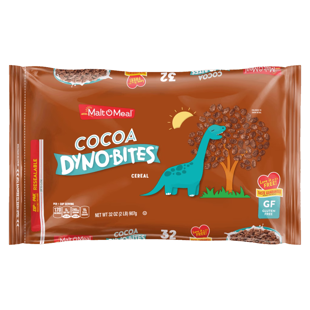 Cocoa Dyno Bites cereal packaging