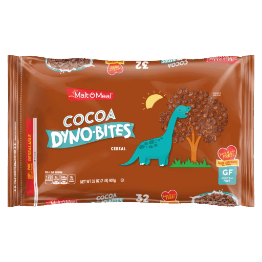Cocoa Dyno Bites cereal packaging
