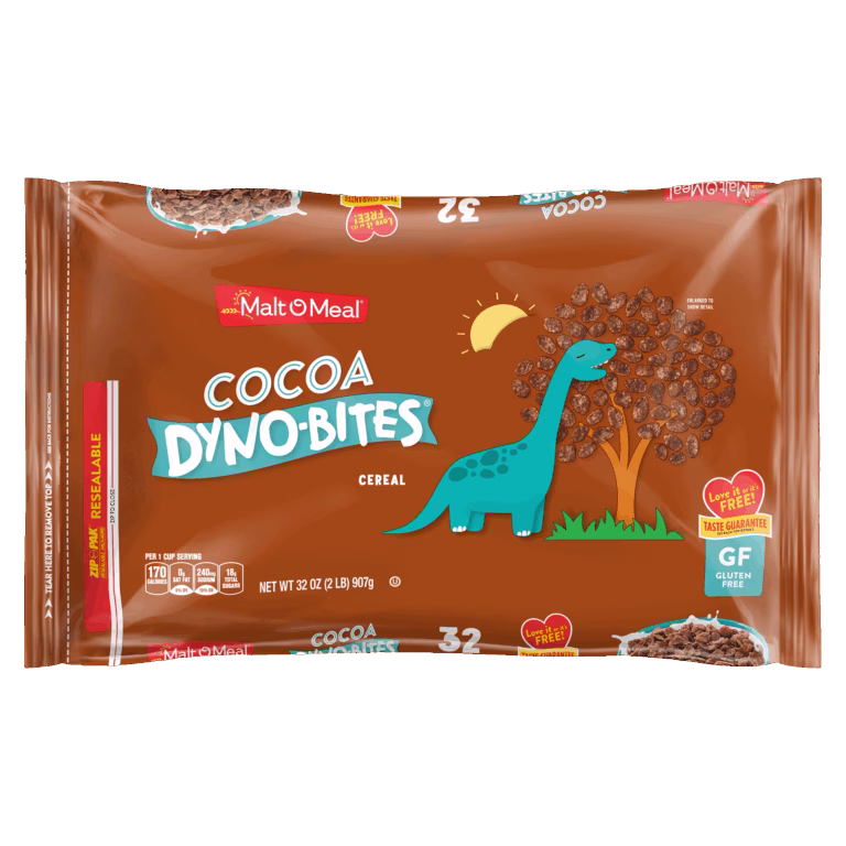 Cocoa Dyno Bites cereal packaging