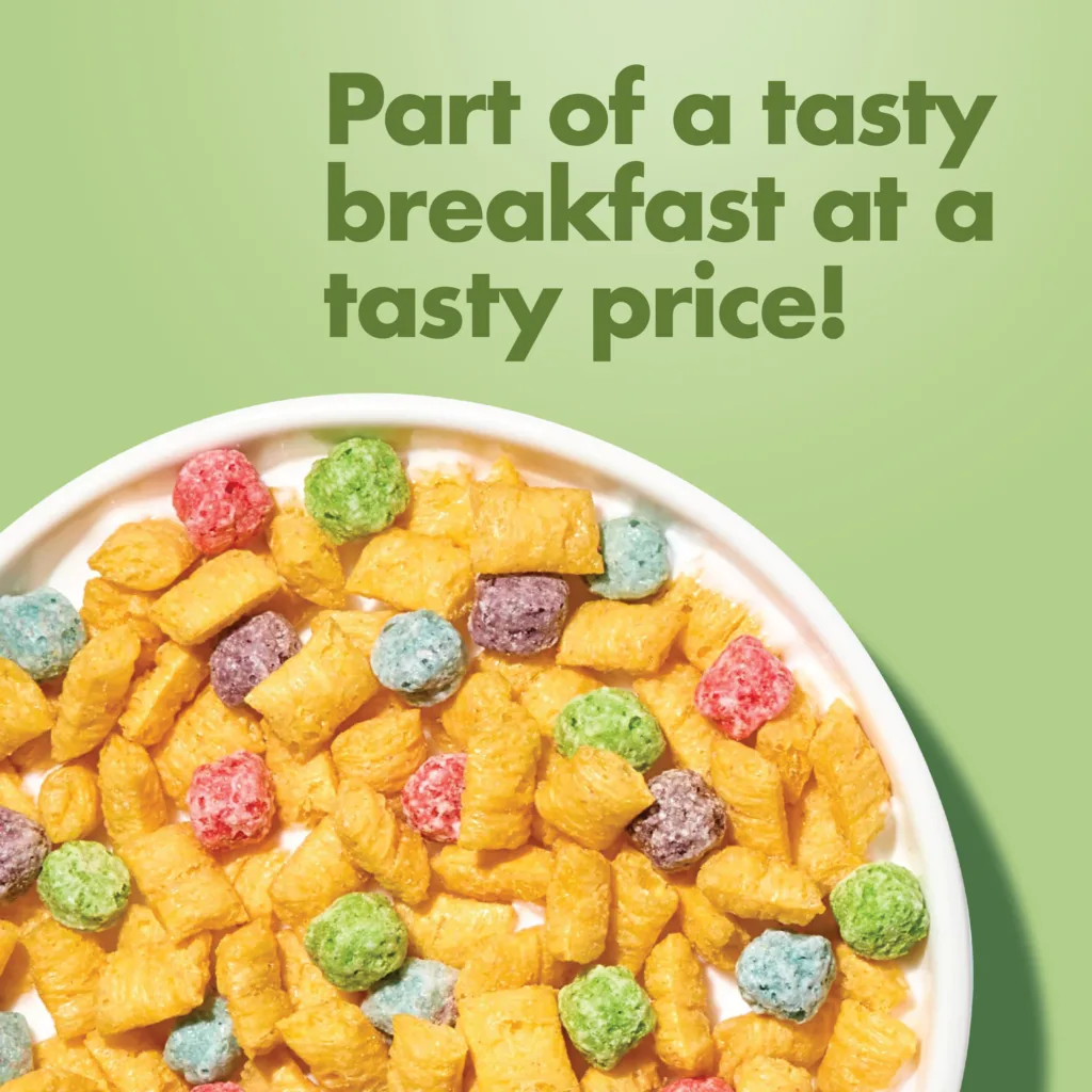 Berry Colossal Crunch Cereal part of a tasty breakfast at a tasty price
