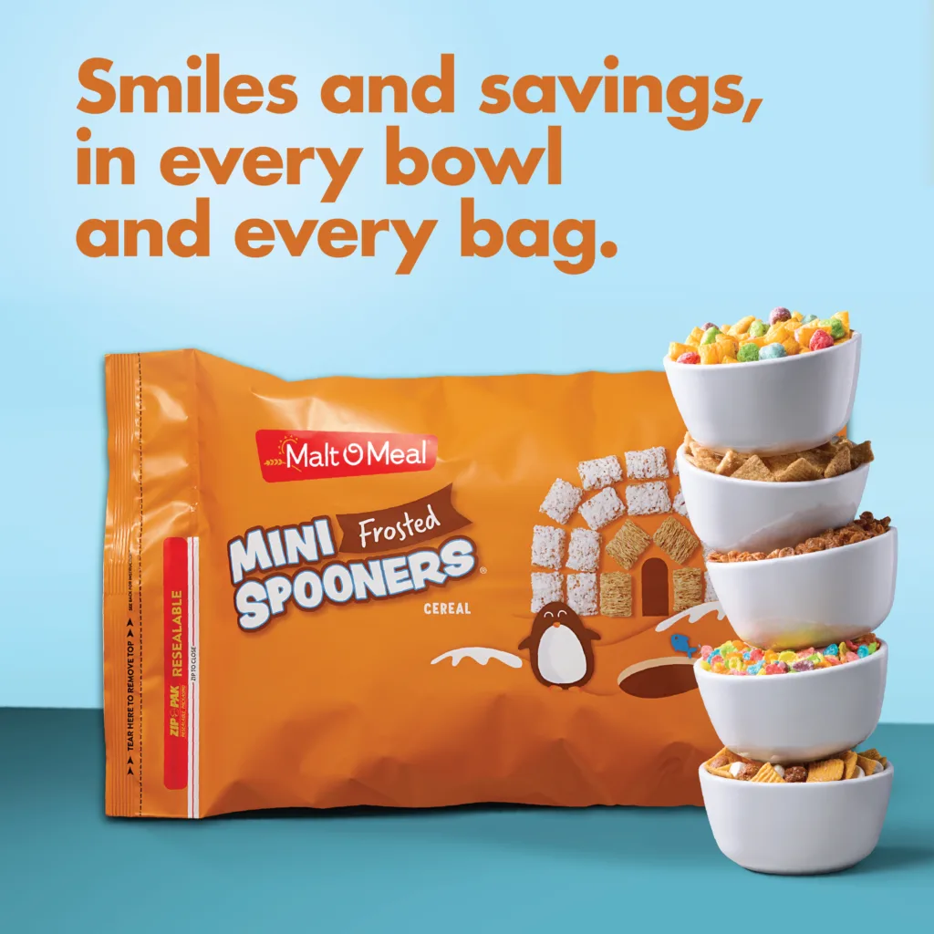 Frosted Mini Spooners cereal bag and stack of bowls