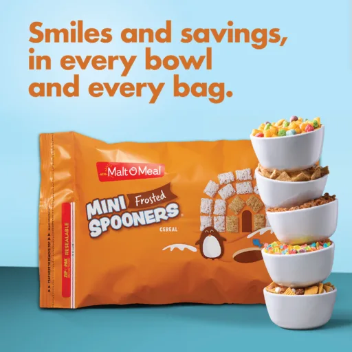 Frosted Mini Spooners cereal bag and stack of bowls