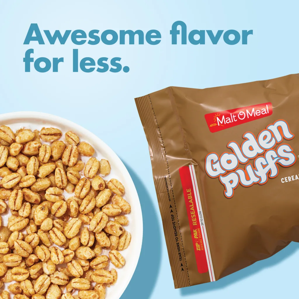 Golden Puffs Cereal bag and bowl