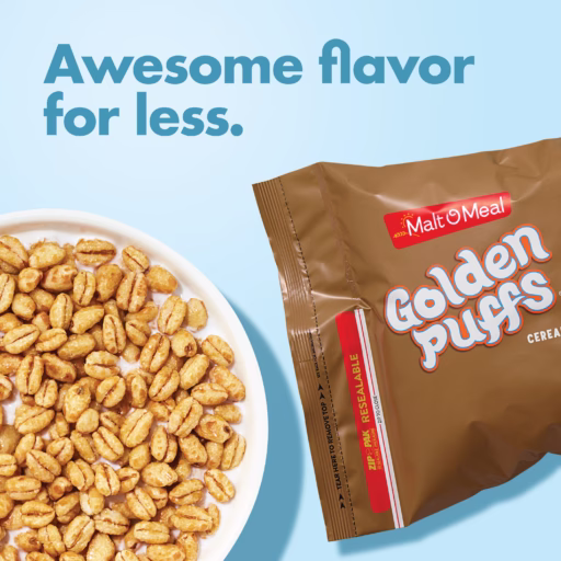 Golden Puffs Cereal bag and bowl