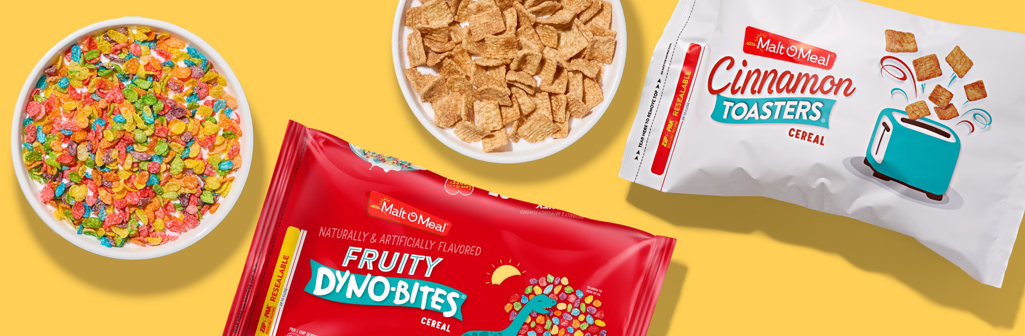 Malt-O-Meal Cinnamon Toasters and Fruity Dyno-Bites cereal bags and bowls
