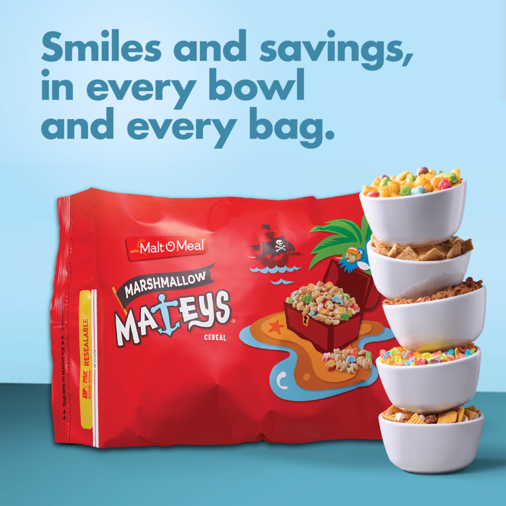 Marshmallow Mateys cereal bag and stack of bowls
