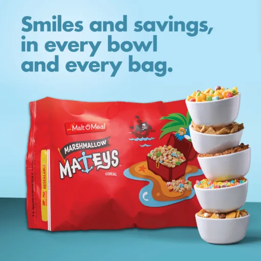 Marshmallow Mateys cereal bag and stack of bowls