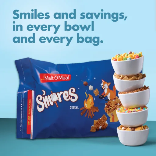 S'mores cereal bag with stack of bowls